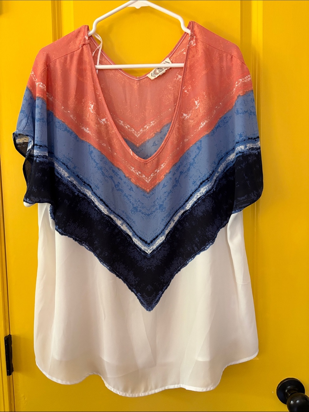 Colorblock V-Neck Sheer Overlay Women’s Top - Coral, Blue, Navy, White